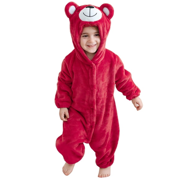 Sewkxo Toddlers Bear Costume Cosplay Rompers Flannel Fuzzy Fall Winter Hooded Jumpsuits,Red 90