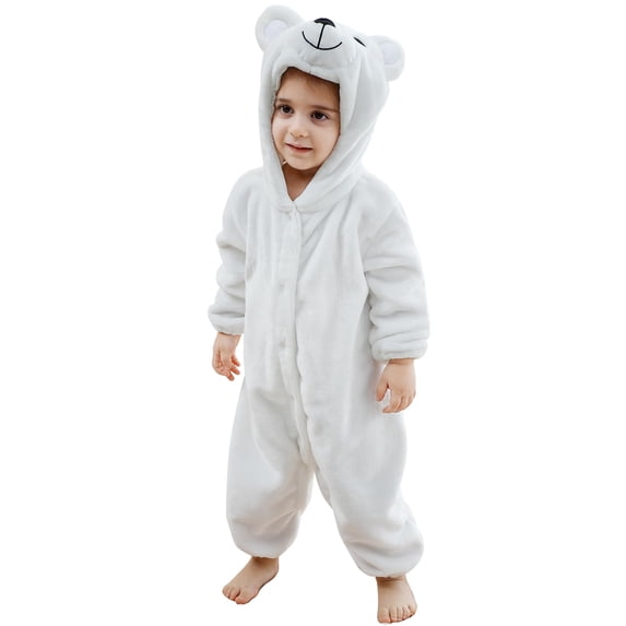 Sewkxo Toddlers Bear Costume Cosplay Rompers Flannel Fuzzy Fall Winter Hooded Jumpsuits,White 80