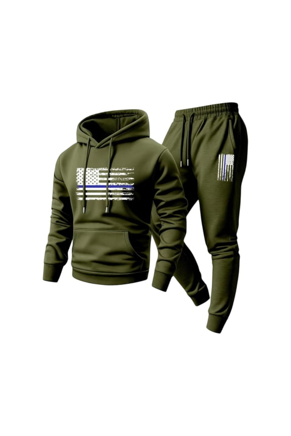 Track Suit Mens 2 Piece Lightweight Fleece American Flag Print Drawstring Hoodie and Sweatpants Fall Winter Hooded Solid Color Ribbed Sweat Suit Sets with Pocket,Army Green 2XL