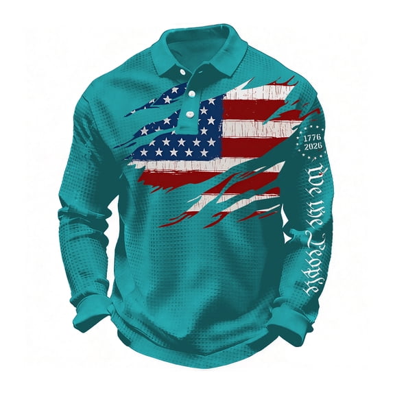 Sewkxo Tshirts Men Plus Size 250th Anniversary American Flag Print Lapel Collared Buttons Tee Fall Winter Waffle Loose Fit Casual Long Sleeve Shirts,Mint Green 5XL