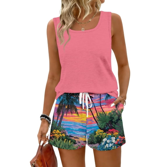 Sewkxo Two Piece Sets for Women Summer Lounge Drawstring Shorts Sets Tank Square Neck Sleeveless Sweat Sets With Pockets,Pink 2XL