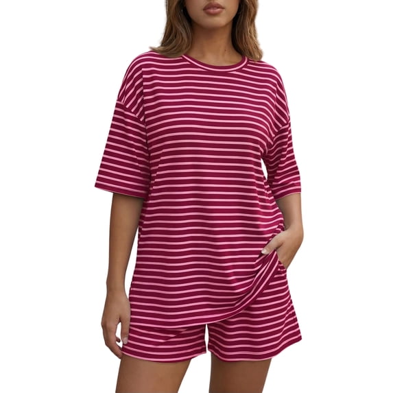Sewkxo Two Piece Sets for Women Summer Lounge Short Sets Short Sleeve Crew Neck Sweatsuit with Pocket,Hot Pink 2XL