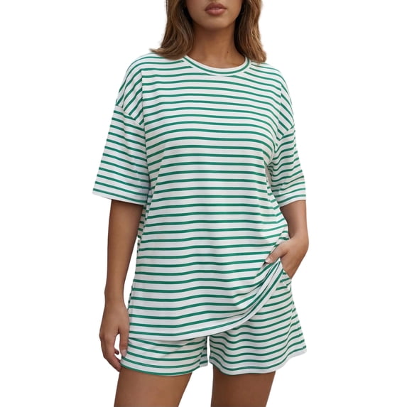 Sewkxo Two Piece Sets for Women Summer Lounge Short Sets Short Sleeve Crew Neck Sweatsuit with Pocket,Light Green XL
