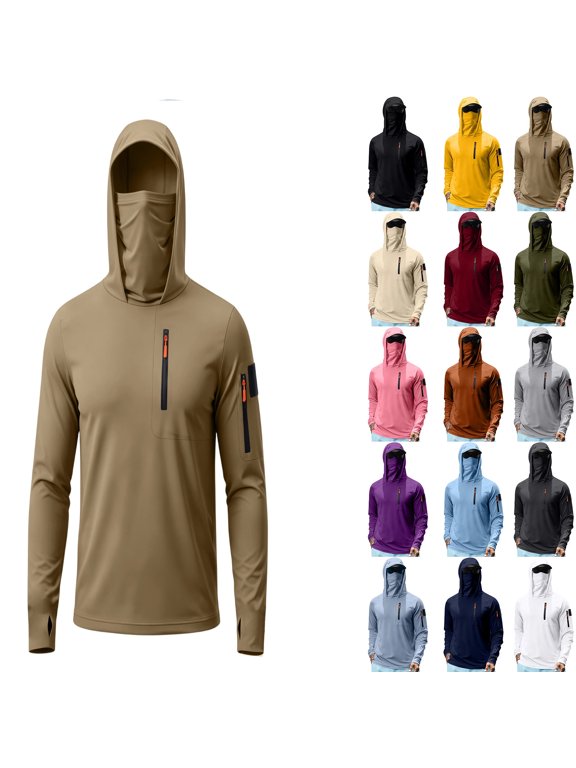 UPF 50+ Men’s Long Sleeve Performance Fishing Hiking Shirt with Mask UV Neck Gaiter Hoodie,Light Gray L
