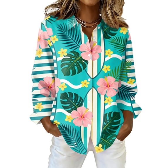 Sewkxo Womans Hawaii Shirt Floral Print Long Sleeve Lapel Collar Button Down Tropical Beach Blouse Trendy Loose Party Holiday Tees,Green S