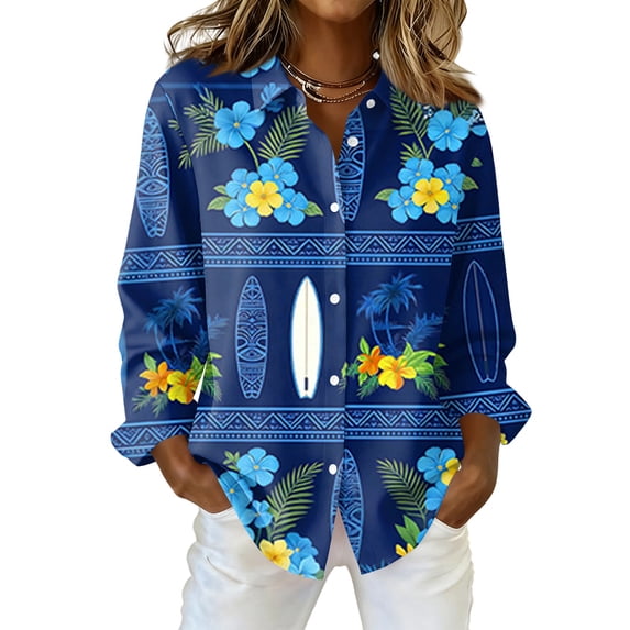 Sewkxo Womans Hawaiian Shirts Floral Printed Long Sleeves Lapel Collared Button Down Tropical Beach Blouses 2026 Fashion Baggy Party Holiday T Shirt,Royal Blue M