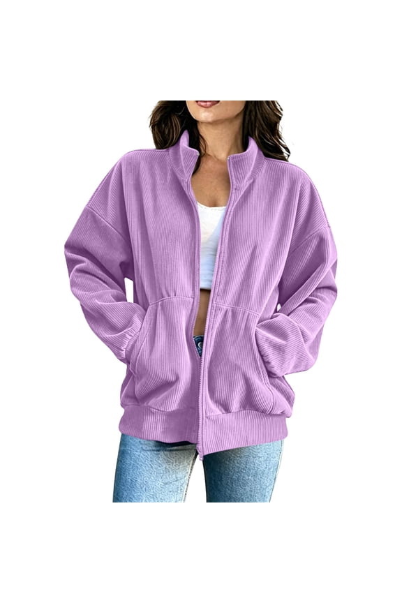 Women Comfy Corduroy Jackets Casual Zip Up Coats Soft Long Sleeve Fashion Jacket with Pockets,Purple L