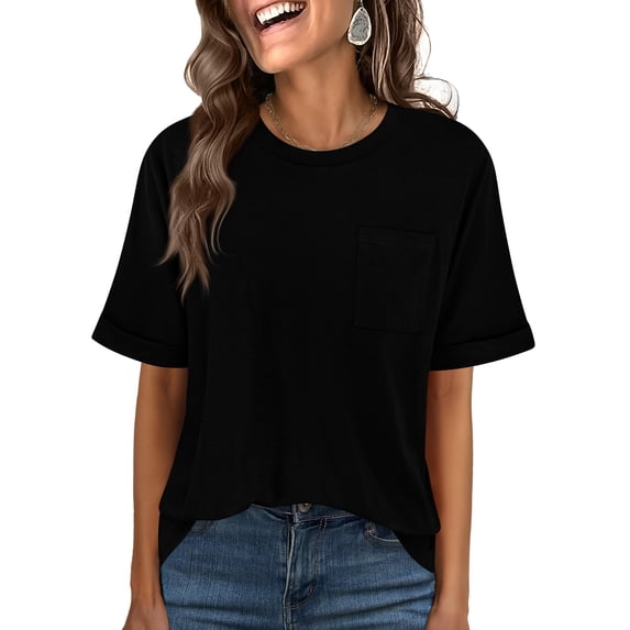 Sewkxo Women Crew Neck T Shirts Short Sleeve Summer Casual Loose Top Basic Tee with Pocket,Black XL