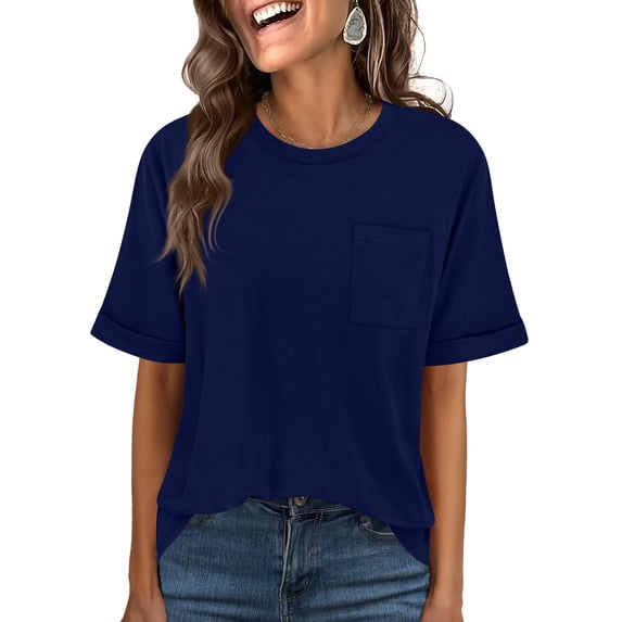 Sewkxo Women Crew Neck T Shirts Short Sleeve Summer Casual Loose Top Basic Tee with Pocket,Navy M