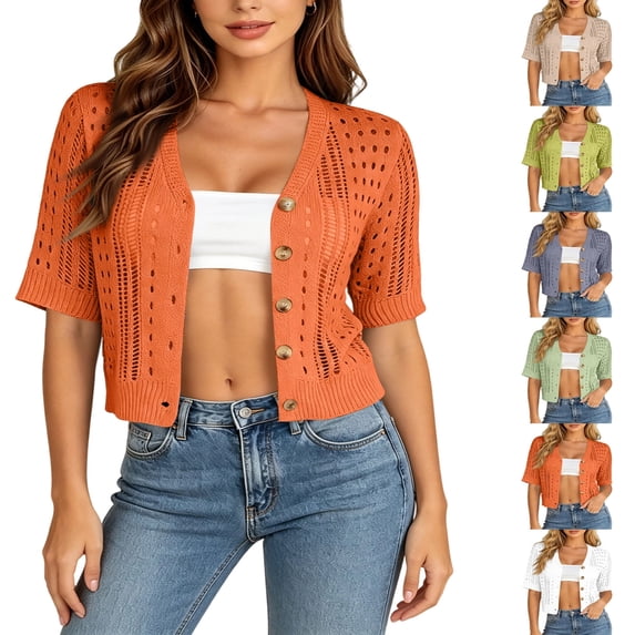 Sewkxo Women Crochet Cardigan Sweaters Lightweight Summer Boho Open Front Knit Shrug 1/2 Sleeve Beach Cover Up,Orange XS