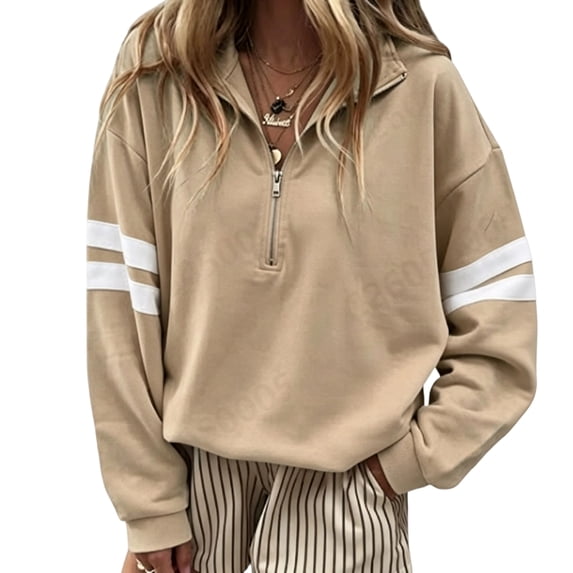 Sewkxo Women Half Zip Striped Pullover Lapel Zipper Up Long Sleeve Sweatshirts Solid Trendy Loose Fit Casual Quarter Zip Tops,Khaki 2XL