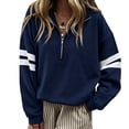 thumbnail image 1 of Sewkxo Women Half Zip Striped Pullover Lapel Zipper Up Long Sleeve Sweatshirts Solid Trendy Loose Fit Casual Quarter Zip Tops,Navy L, 1 of 5