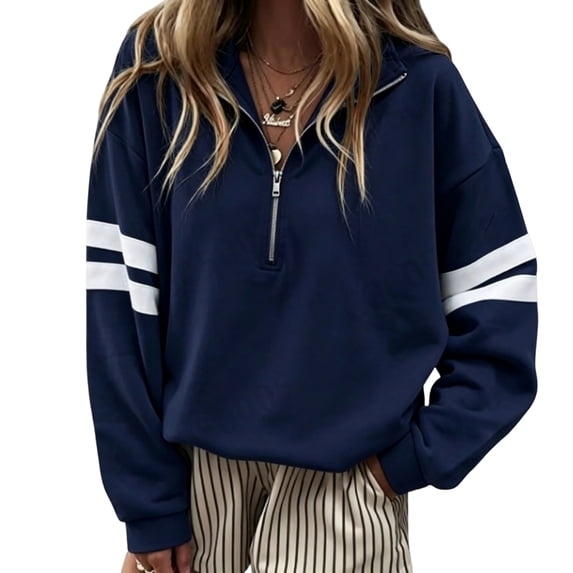 Sewkxo Women Half Zip Striped Pullover Lapel Zipper Up Long Sleeve Sweatshirts Solid Trendy Loose Fit Casual Quarter Zip Tops,Navy L