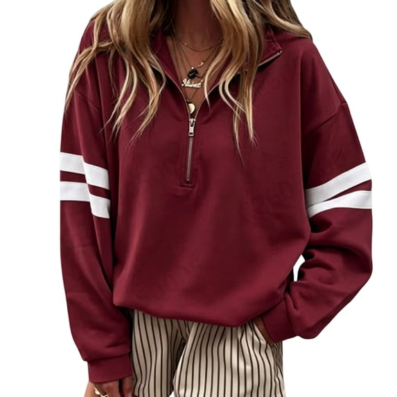 Sewkxo Women Half Zip Striped Pullover Lapel Zipper Up Long Sleeve Sweatshirts Solid Trendy Loose Fit Casual Quarter Zip Tops,Wine 2XL