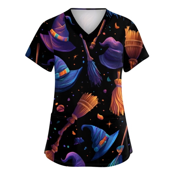 Sewkxo Women Halloween Star Moon Bat Pattern V Neck Medical Scrub Top Short Sleeve Soft Breathable Nurse Uniform With Pockets,Purple Pink 2XL