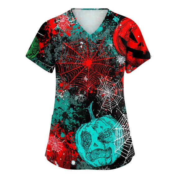 Sewkxo Women Halloween Star Moon Bat Pattern V Neck Medical Scrub Top Short Sleeve Soft Breathable Nurse Uniform With Pockets,Watermelon Red 3XL