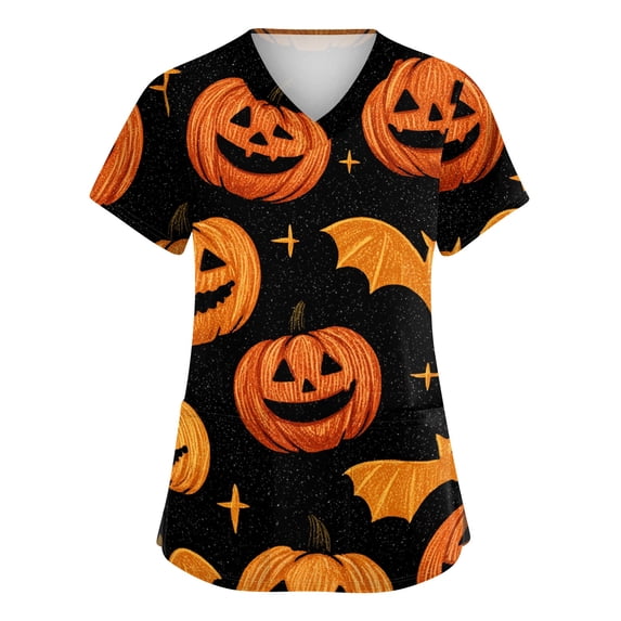 Sewkxo Women Halloween Star Moon Bat Pattern V Neck Medical Scrub Top Short Sleeve Soft Breathable Nurse Uniform With Pockets,Yellow 4XL