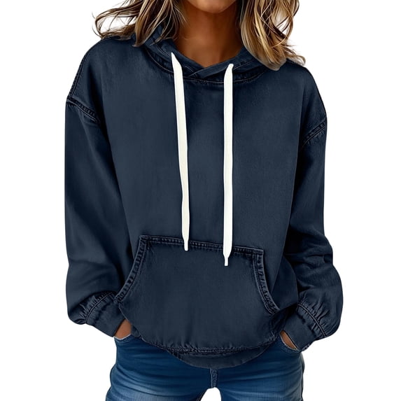 Sewkxo Women Hoody Fashion 2026 Drawstring Denim Pullover Top Fall Winter Casual Loose Fit Long Sleeve Sweatshirts with Pockets,Royal Blue L