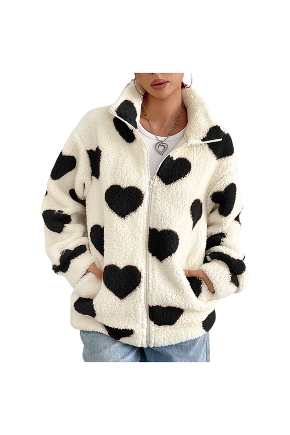 Women Jackets Lightweight Fuzzy Fleece Zip Up Love Graphic Cardigan Winter Standing Colla Loose Fit Long Sleeve Coat Pockets,Black M