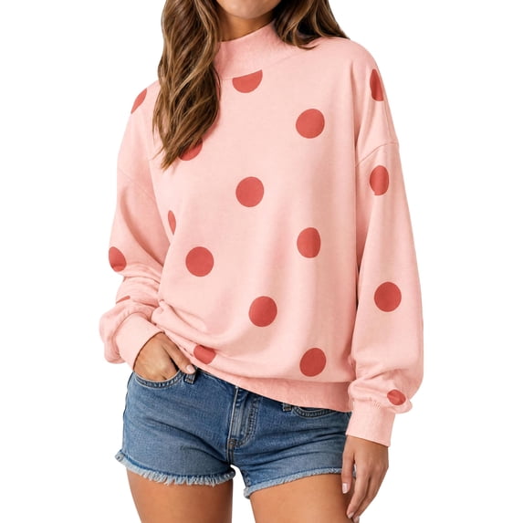 Sewkxo Women Polka Dot Mock Neck Sweatshirt Oversized Long Sleeve Pullover Casual Fall Winter Sweatshirt,Pink M