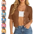 thumbnail image 1 of Sewkxo Women Summer Crochet Puff Short Sleeve Cardigan Lightweight Spring Cropped Button Up Beach Knit Sweater Tops,Coffee L, 1 of 8
