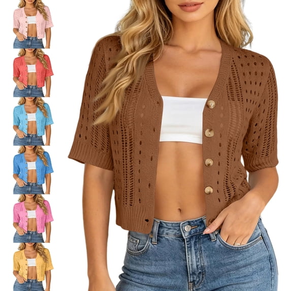 Sewkxo Women Summer Crochet Puff Short Sleeve Cardigan Lightweight Spring Cropped Button Up Beach Knit Sweater Tops,Coffee L