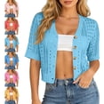 thumbnail image 1 of Sewkxo Women Summer Crochet Puff Short Sleeve Cardigan Lightweight Spring Cropped Button Up Beach Knit Sweater Tops,Light Blue 2XL, 1 of 8