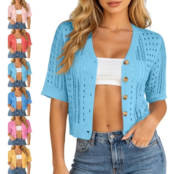 Sewkxo Women Summer Crochet Puff Short Sleeve Cardigan Lightweight Spring Cropped Button Up Beach Knit Sweater Tops,Light Blue 2XL