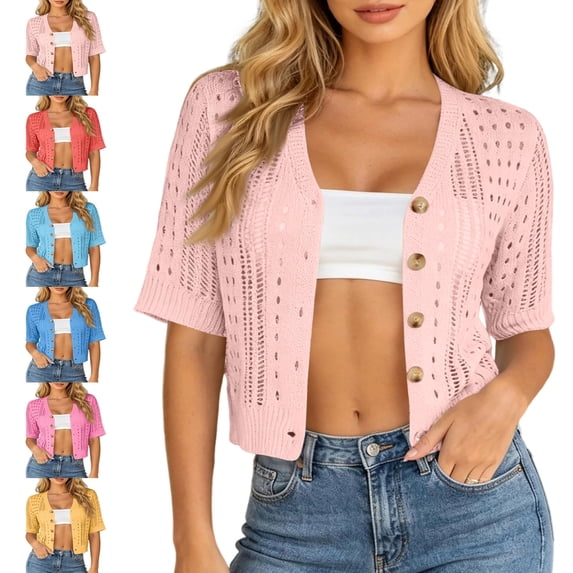 Sewkxo Women Summer Crochet Puff Short Sleeve Cardigan Lightweight Spring Cropped Button Up Beach Knit Sweater Tops,Pink L