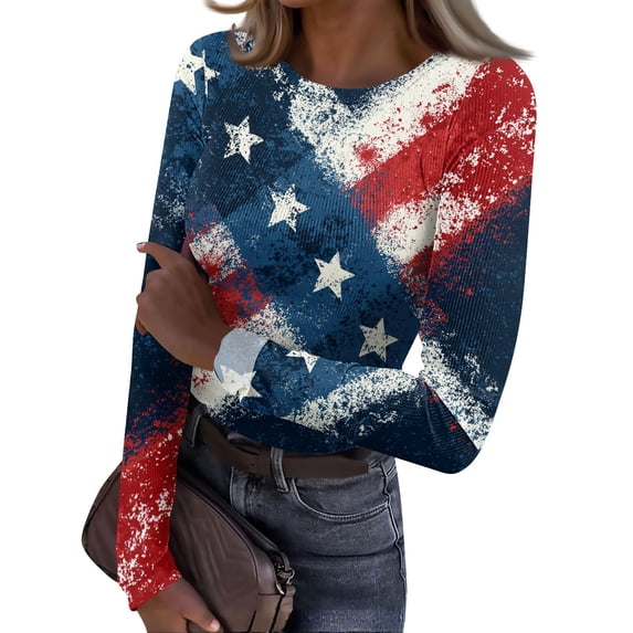Sewkxo Women Tshirt Trendy 250th Anniversary American Independence Day Print Crewneck Pullover Tops Spring Summer Baggy Fit Casual Long Sleeve T Shirts,Blue XL