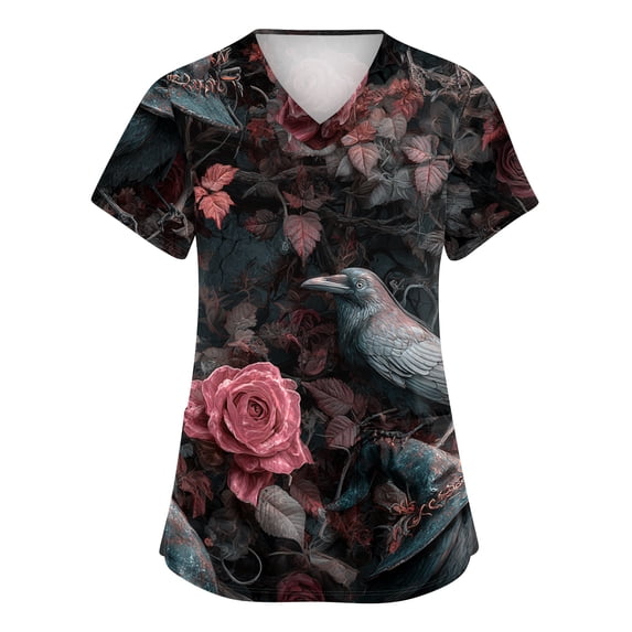 Sewkxo Women Vintage Spooky Halloween V Neck Nursing Top Short Sleeve Cartoon Ghost Print Loose Cut Medical Scrub Shirt,Hot Pink L