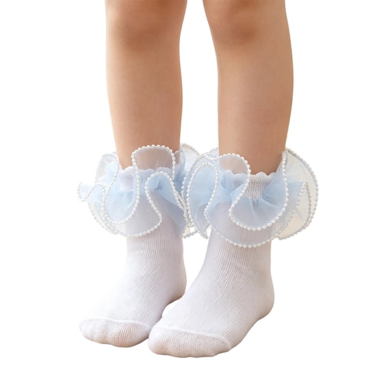Sewkxo Women's 1 Pair Pearl Beaded Sheer Ruffle Frilly Crew Socks Soft Comfortable Casual Sock Lolita Socks,Blue S