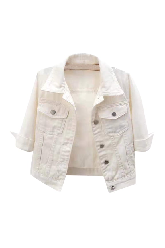Women's 3/4 Sleeve Colored Cropped Denim Jacket Light Wash Short Jean Jacket Trucker Coat,White 2XL