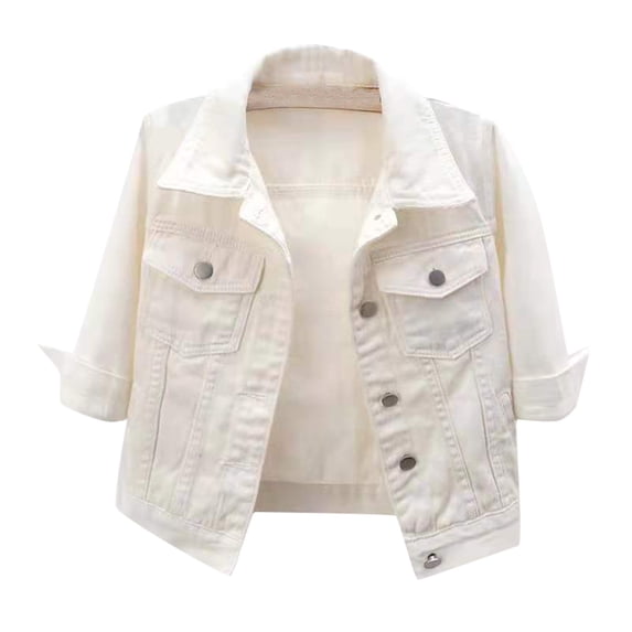 Sewkxo Women's 3/4 Sleeve Colored Cropped Denim Jacket Light Wash Short Jean Jacket Trucker Coat,White XL