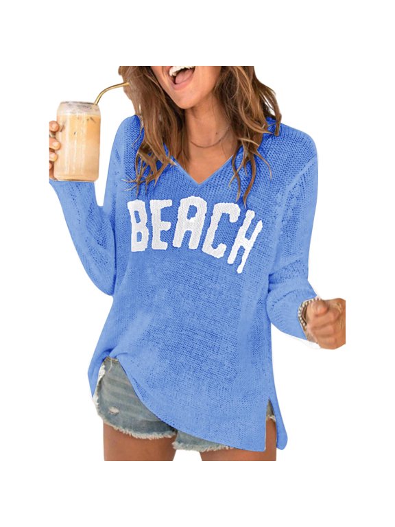 Women's Beach Cover Ups Letter Long Sleeve V Neck Beach Sweater Split Hem Knit Crochet Tops Pullovers Jumper Top,Blue 2XL