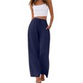 thumbnail image 1 of Sewkxo Women's Cotton Linen Pants Summer Drawstring Elastic Waisted Palazzo Pant Casual Wide Leg Beach Trousers with Pockets,Navy L, 1 of 5