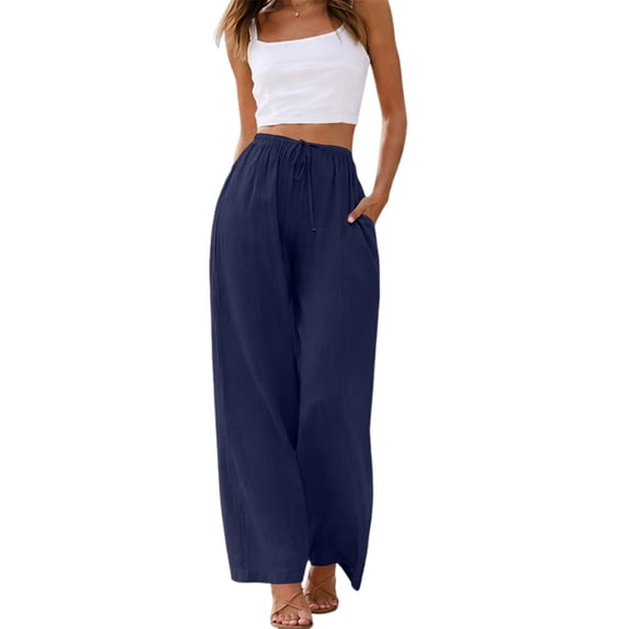 Sewkxo Women's Cotton Linen Pants Summer Drawstring Elastic Waisted Palazzo Pant Casual Wide Leg Beach Trousers with Pockets,Navy L