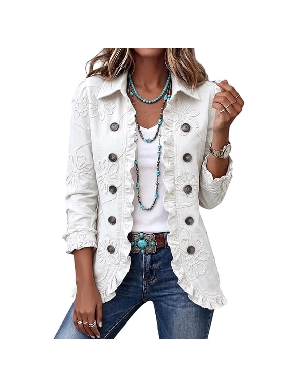 Women's Fashion Ruffle Trim Shirt Jacket Button Down Collared Long Sleeve Shacket Loose Fit Dressy Casual Spring Fall Retro Outerwear,White M