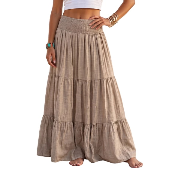 Sewkxo Women's Flowy A-Line Maxi Skirts 2026 Summer Elastic High Waist Tiered Textured Beach Vacation Long Skirt,Khaki S