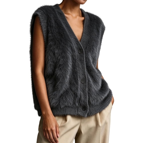 Sewkxo Women's Fuzzy Sleeveless Knit Cardigan Vest, V Neck Button Down Fluffy Sweater Vest Casual Layering Waistcoat for Fall Winter,Gray 2XL
