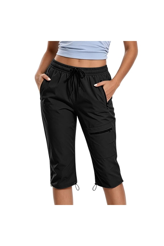 Women's Hiking Cargo Capris Outdoor Lightweight Water Resistant Capri Pants UPF 50 Zipper Pockets,Black 2XL