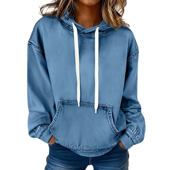 Sewkxo Women’s Hoodies Trendy Drawstring Jean Hoode Fall Winter Casual Loose Long Sleeve Sweatshirt with Pockets,Sky Blue L