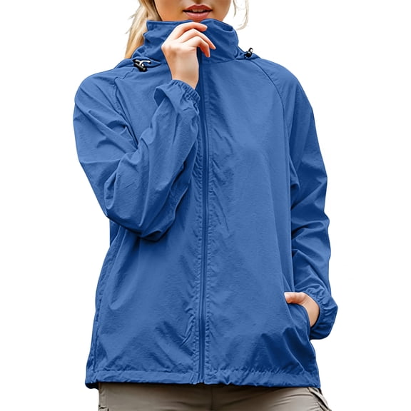 Sewkxo Women's Lightweight Rain Jacket Waterproof Packable Raincoat Sun Protection Hoodies Golf Hiking Travel Windbreaker,Royal Blue M