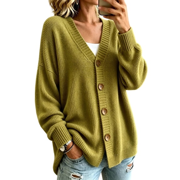 Sewkxo Women's Long Sleeve Knit Sweater Open Front Cardigan Button Loose Outerwear,Army Green M