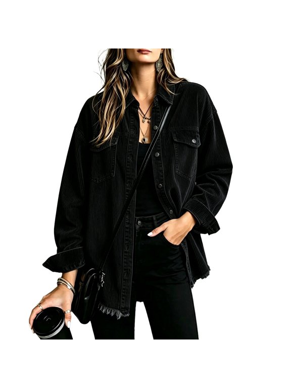 Women’s Oversized Button Up Frayed Hem Shacket Long Sleeve Pockets Corduroy Jacket,Black 2XL