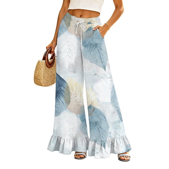 Sewkxo Women’s Plaid Wide Leg Pants Flared Leg Baggy Drawstring Ruffle Palazzo Pants with Pockets,Blue 2XL