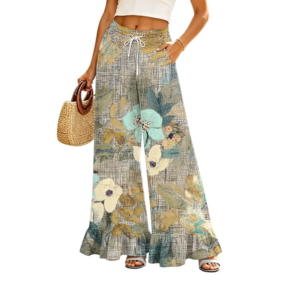 Sewkxo Women’s Plaid Wide Leg Pants Flared Leg Baggy Drawstring Ruffle Palazzo Pants with Pockets,Camel M
