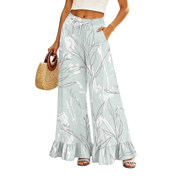 Sewkxo Women’s Plaid Wide Leg Pants Flared Leg Baggy Drawstring Ruffle Palazzo Pants with Pockets,Cyan XL