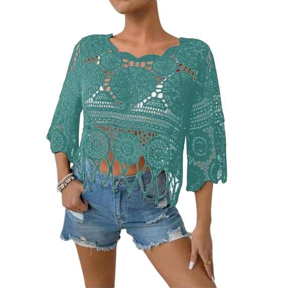 Sewkxo Women's Plain Fringe Trim Cut Out Sheer Cover Up Boho Scallop Trim 3/4 Sleeve Crew Neck Crochet Beach Coverup Tops,Green S