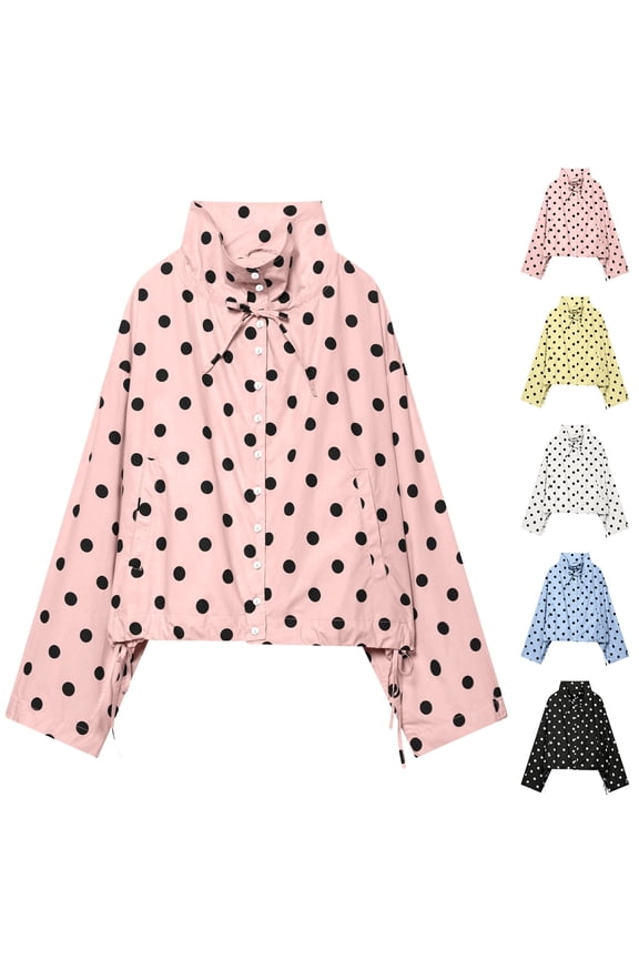 Women’s Polka Dot Drawstring Jacket Casual High Neck Coat Long Sleeve Belted Outerwear with Pockets,Pink L